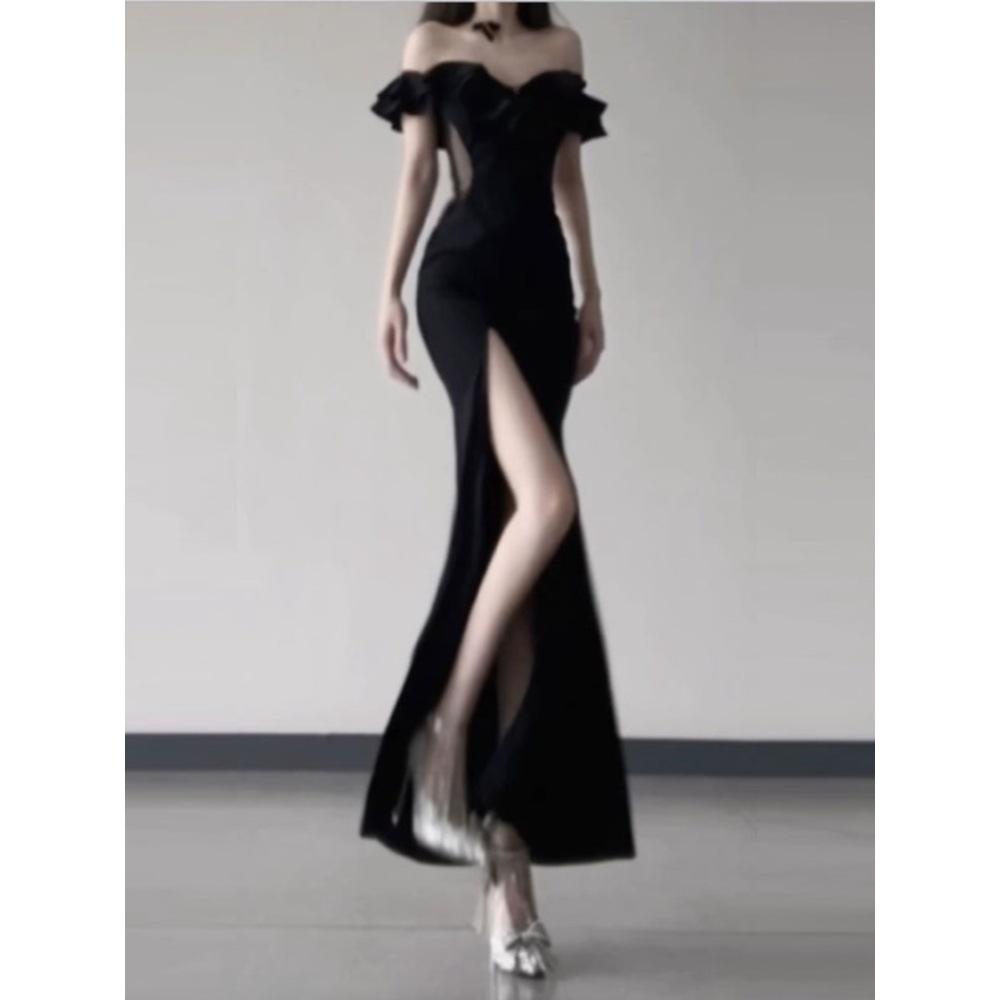 

Платье с открытым плечом и разрезом для женщин, высокое, летнее, с тонким темпераментом, женское платье в обтяжку XL- (recommended 110-60kg) чёрный