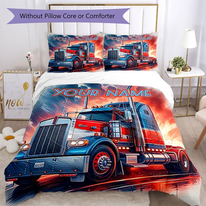 3PC Custom Name Truck Art Poster Bedding Set Duvet Cover Closure Includes 1 Duvet Cover & 2 Pillowcases for Bedroom
