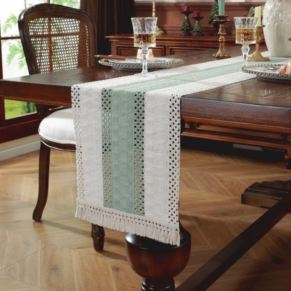 American Style Cotton and Linen Table Runner Rustic Solid Color Festival Dining Table Cover Rectangular with Tassel Tablecloth