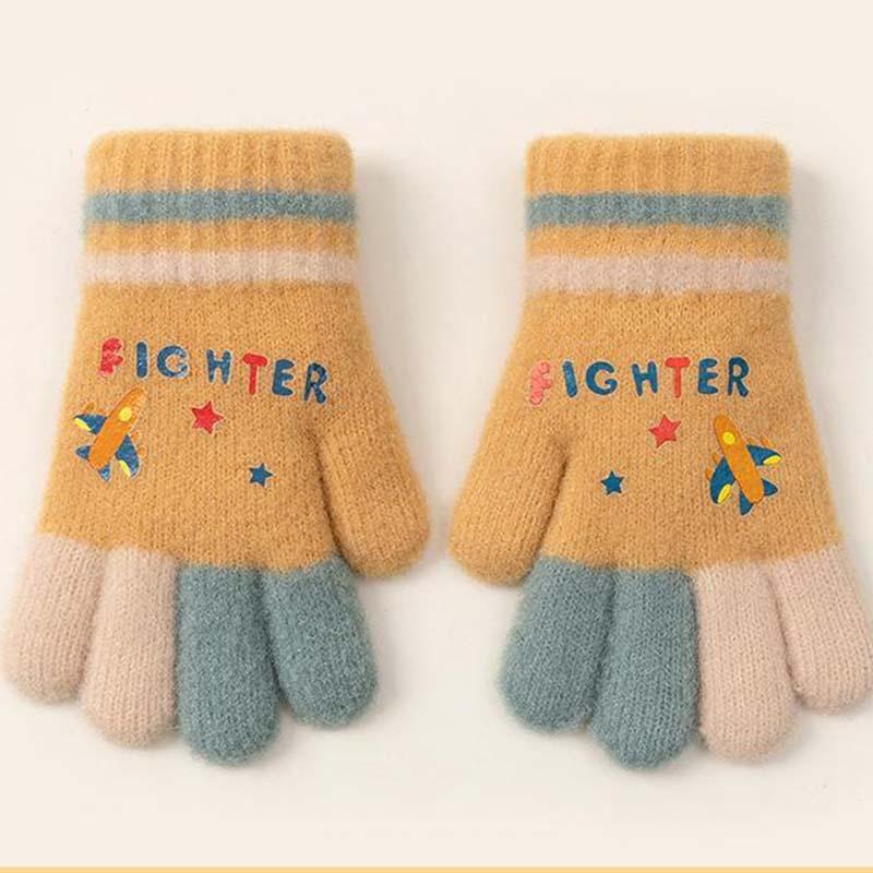 Children's knitted finger cute cartoon plane thickened warm primary school boy winter outdoor cold riding gloves