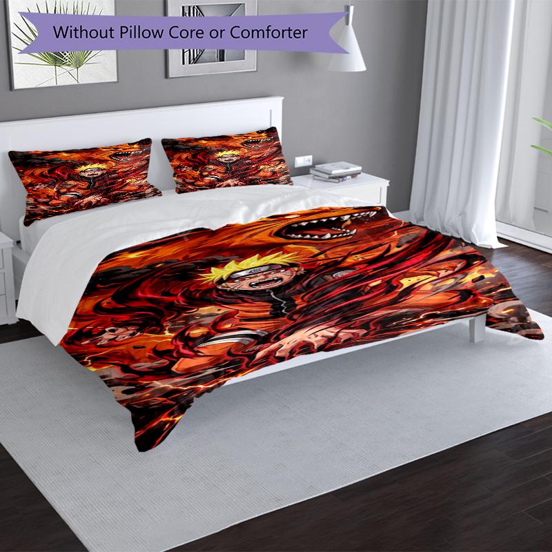 Naruto Fire Design Bed Bedding Set 1 Duvet Cover + 2 Pillowcases Soft Breathable Household Bed Linens