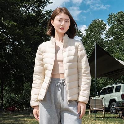 Women's Short White Duck Down Jacket with Stand-Up Collar - Lightweight, Thickened Liner, High-End Outerwear