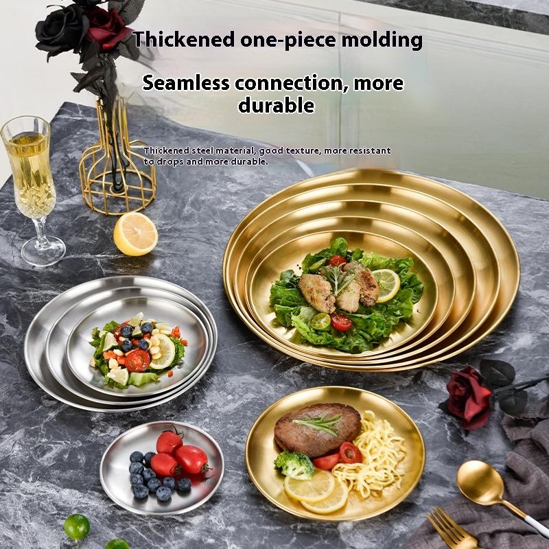1 Pcs Thickened New Stainless Steel Disc Golden Cafe Tray Dining Disc Fruit Meat Dessert High Quality Round Plate Shallow Tray