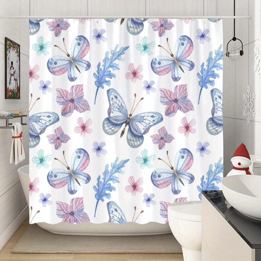 1pc Blue Pink Butterfly & Floral Watercolor Shower Curtain - Soft Pastel Design, Elegant Bathroom Decor for Bathtub