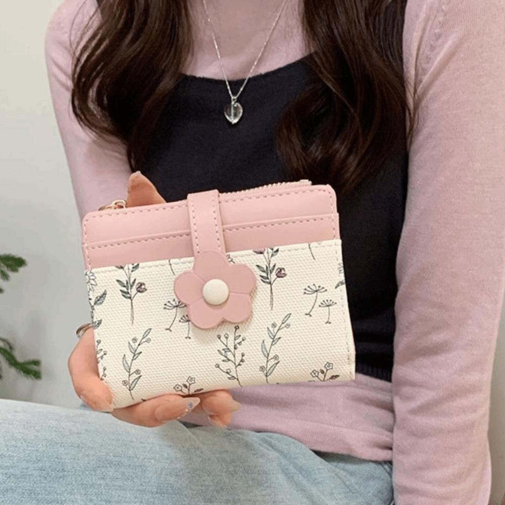 Korean Style PU Leather Card Holder Floral Folding Card Bag Retro Flower Short Wallet  Women