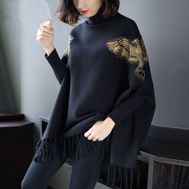 High Neck Bat Sleeve Knitted Sweater Poncho Women 2022Autumn and Winter New South Korean Loose Pullover Sweater Cape Female Coat