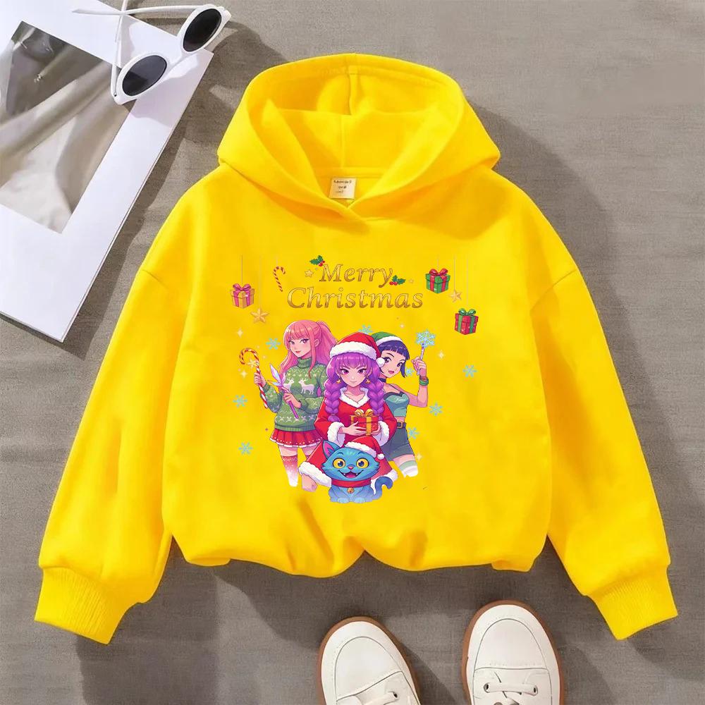 Festive Christmas Kids Hoodie with Adorable Anime Girls and Cute Cat Design for Season's Greetings