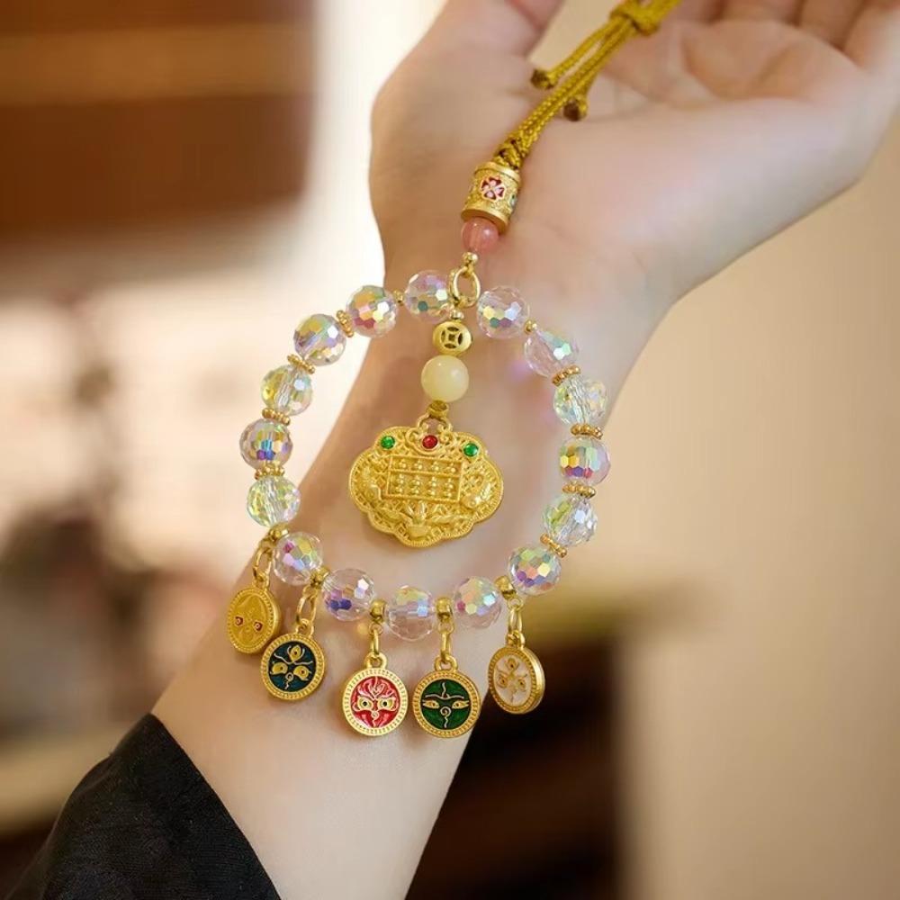 Gold Foil Car Mirror Dangle Pendant Five Paths Wealth Goddess Lucky Lock Mobile Phone Chain Beads Hangings Decor Colorful Abacus