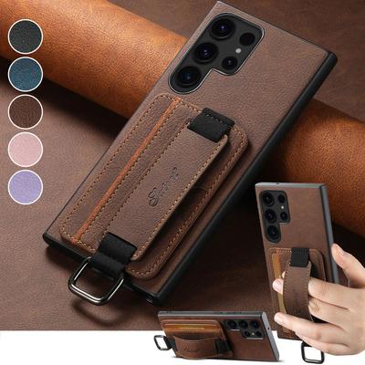 Leather Wallet Card Slot Case for Samsung Galaxy S24 Plus S23 S22 Ultra Note20Ultra Ring Holder Wristband Cover
