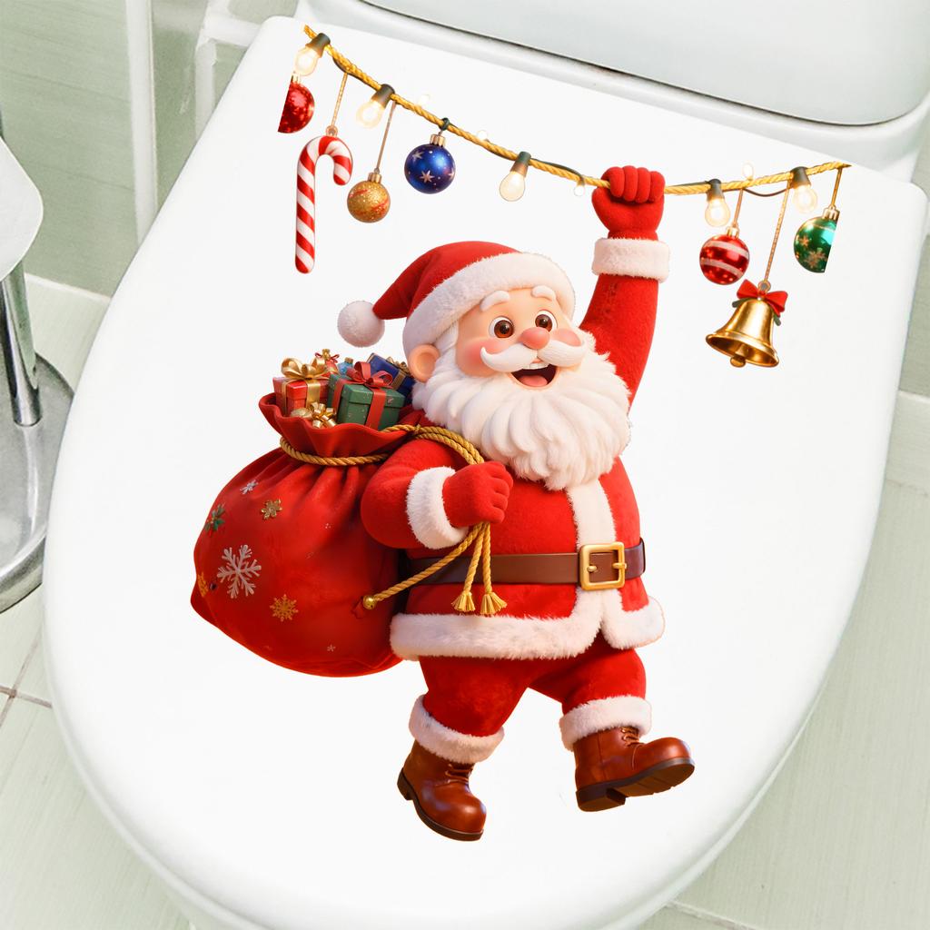 Cute Cartoon Santa Claus Toilet Cover Sticker for Bathroom and Shower Stall Decoration Sticker