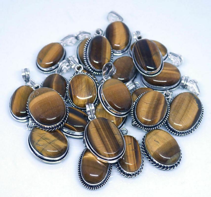 Tiger Eye Gemstone 925 Sterling Silver Plated Handmade 5 PCs Fancy Pendants Jewelry SEN-206