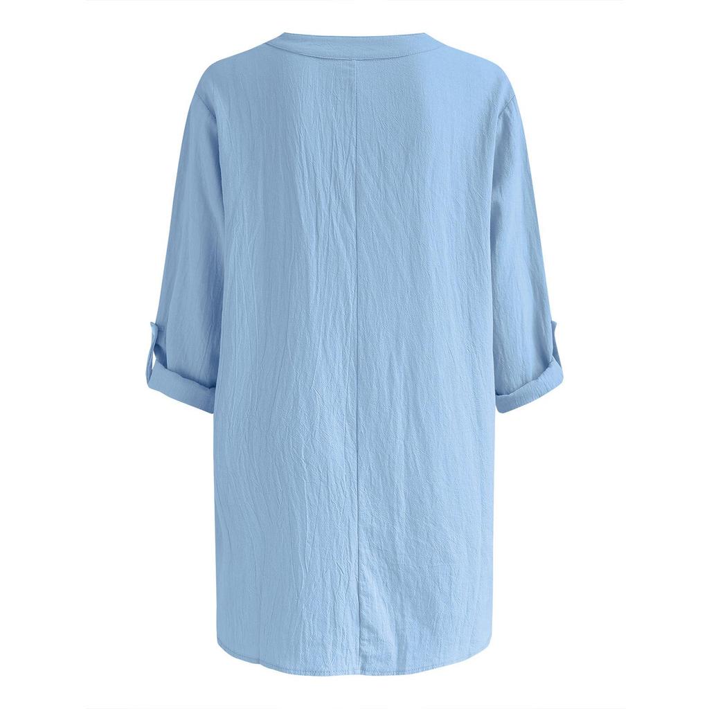 Women's European & American V-Neck Cotton-Linen Long Sleeve Button-Down Shirt - Autumn/Winter