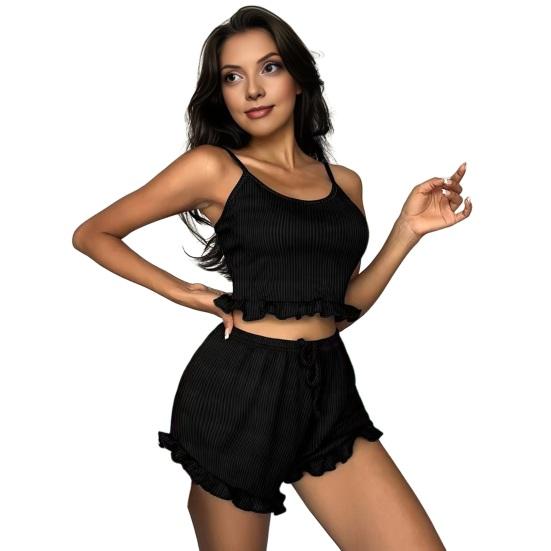 Women 2 Piece Pajama Cami Top And Set Ruffle Trim Shorts Sleepwear Set S чёрный