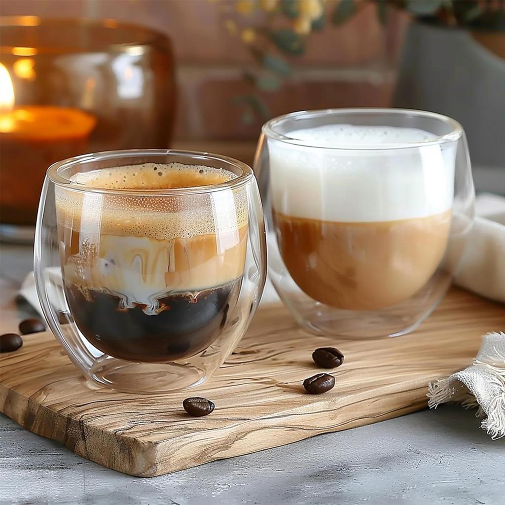 4PCS Glass Coffee Mugs , Double Wall Insulated Thermal Cups, Clear Glass Coffee Cup for Tea/Juice/Milk, Cappucino Espresso Mug