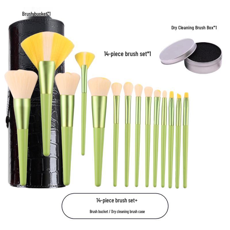 High-Grade Little Daisy 14-Piece Makeup Brush Set: Soft Bristle Powder and Fan-Shaped Highlighter Brushes for Beauty Application.
