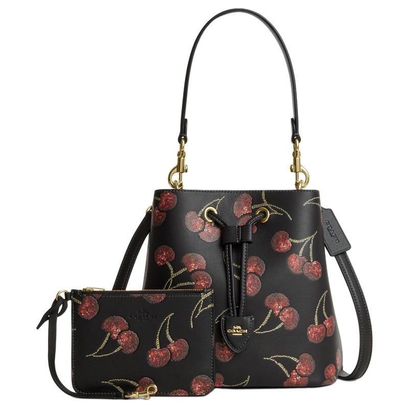 Coach Rowan 21 Cherry Print Bucket Bag Cow Leather Shoulder Handbag Small Size Women's Multicolor