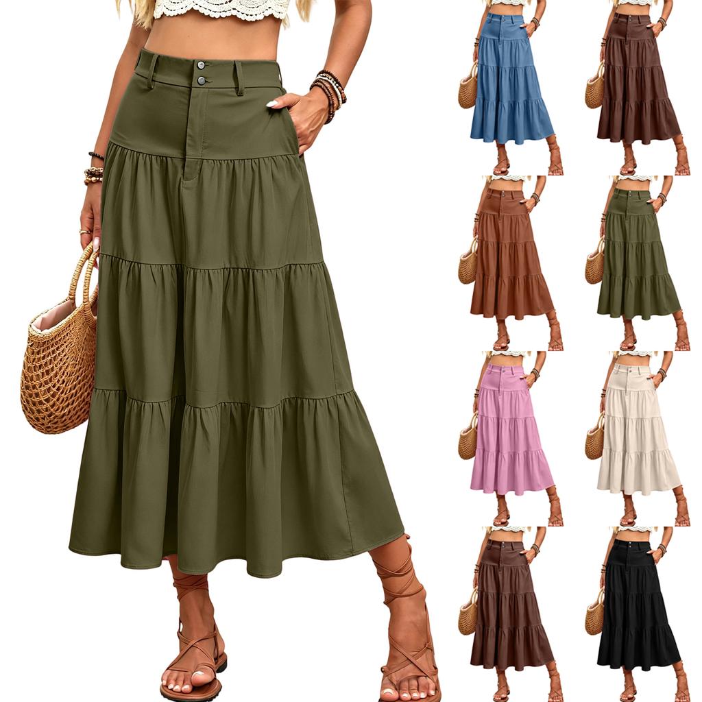Damen Maxi-Rock mit hohem Bund und mehreren Lagen Knopfleiste Lässiger langer Rock mit Taschen Leichter weicher Stoff Bequeme Passform