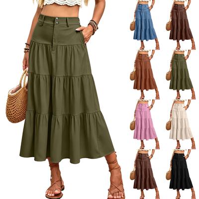 Falda Maxi de Mujer de Cintura Alta con Volantes Cintura Abotonada Falda Larga Casual con Bolsillos Tejido Ligero Suave Ajuste Cómodo