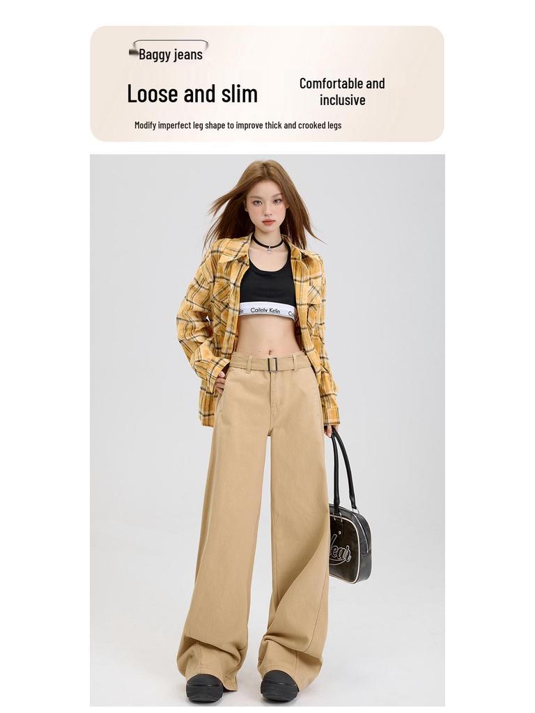 Women's American Loose Jeans: Autumn Belted Design, Slimming Straight-Leg, Wide-Leg Floor-Length Pants
