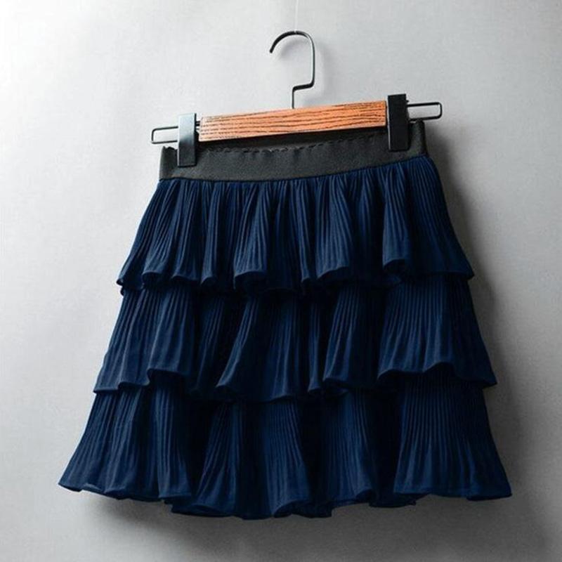 WTEMPO Sommer Frauen Elastische Taille Mini Röcke Damen Chiffon Casual Solide Kuchen Röcke Weibliche Schwarz Weiß Kurzen Plissierten Rock