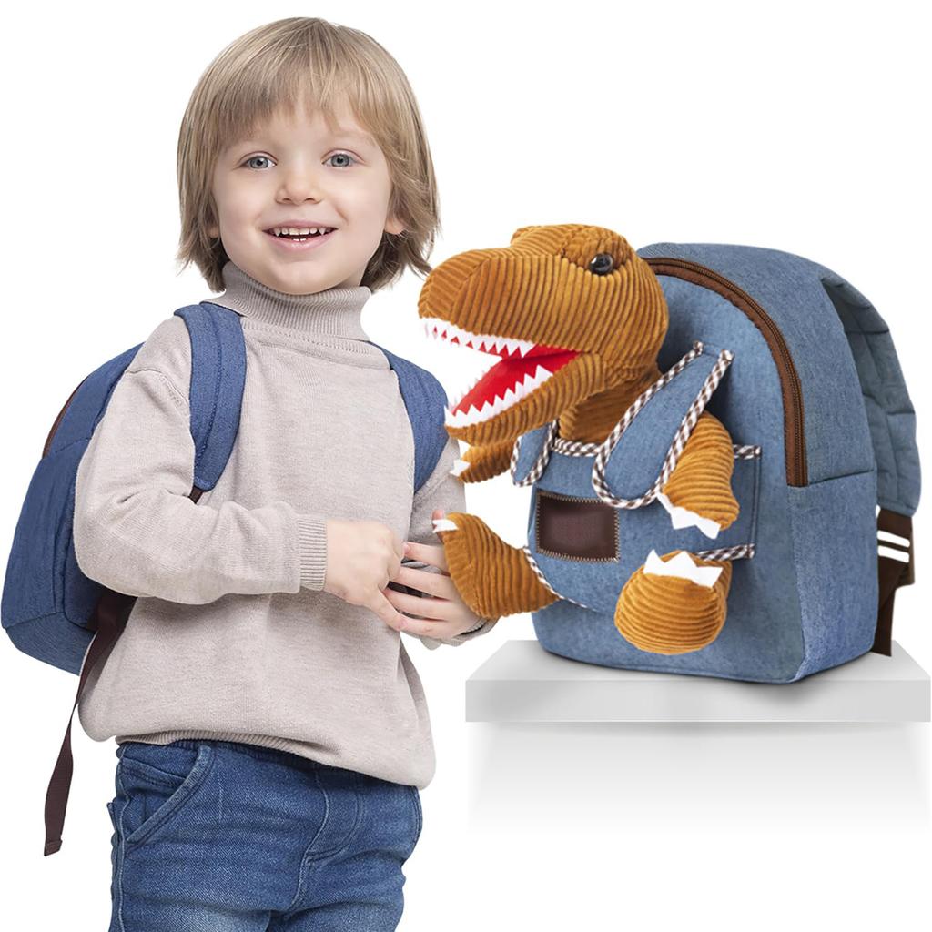 Barnesekk i denim med dinosaurmotiv – Søt og lett skolesekk med avtakbar plysjleke for gutter og jenter