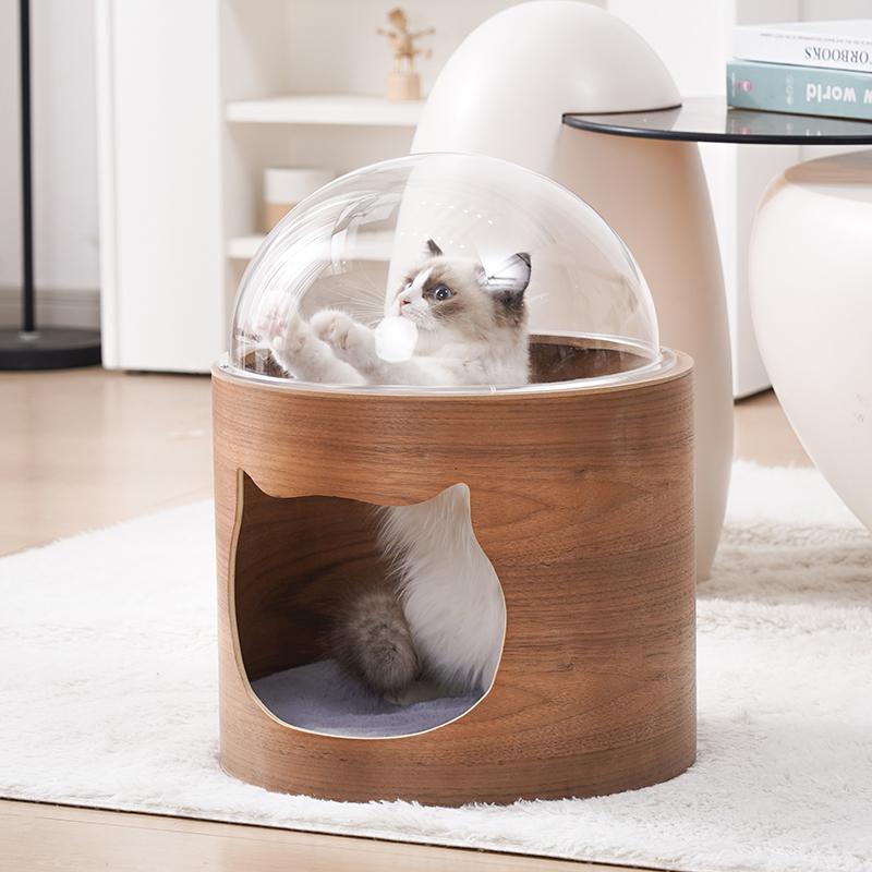 Transparent Cat Bed Acrylic Cat House with Wooden Climbing Frame All-Season Kitty Condo for Indoor Modern Space Capsule Pet Nest