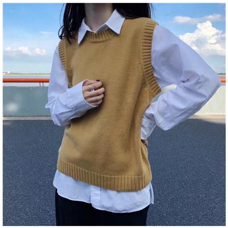 Podzimní pletená vesta s kulatým výstřihem v jednobarevné barvě Dámská vesta Podzim Zima