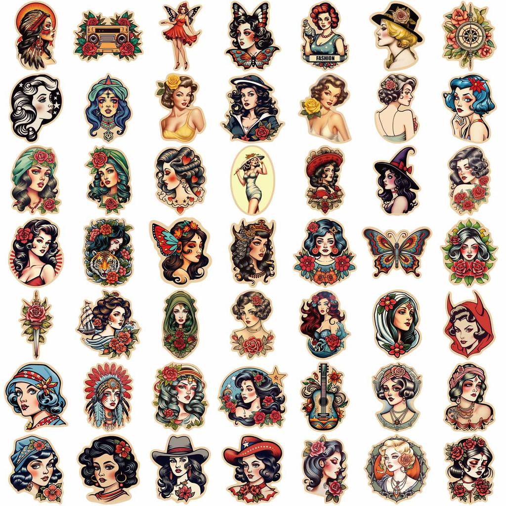 50 Retro Tattoo Girls Doodle Stickers Guitar Laptop Suitcase DIY Waterproof Stickers