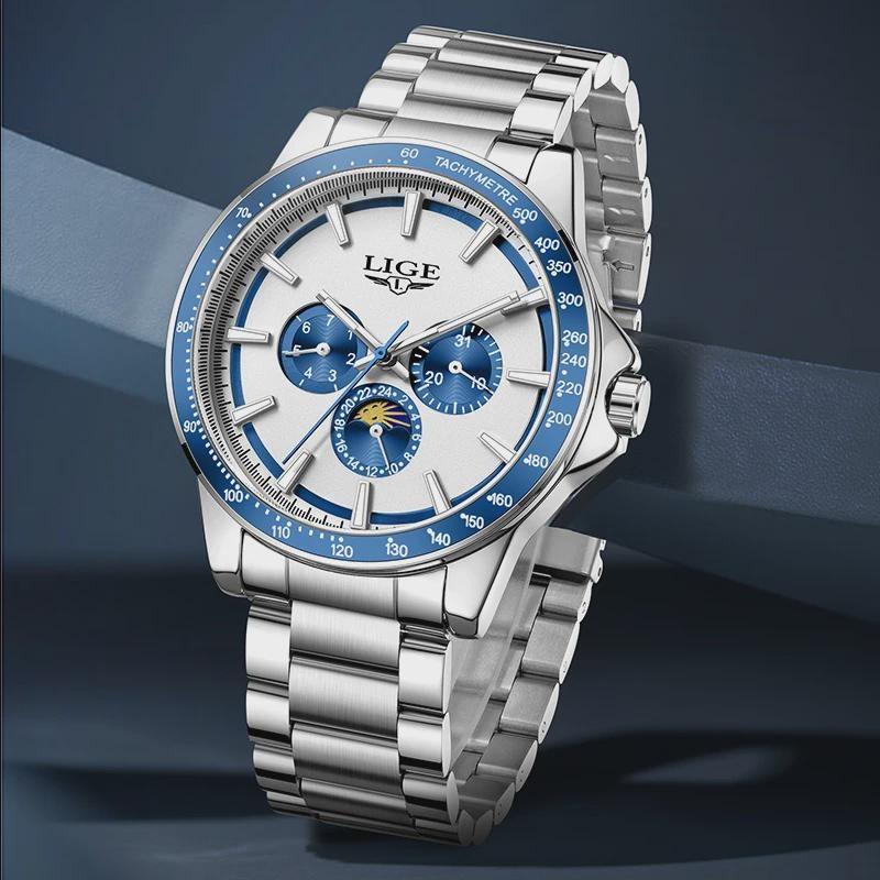 Men Quartz Wrist Watch Luminous Scale Waterproof Steel Strap Chronograph Watch with Calendar 24H Display