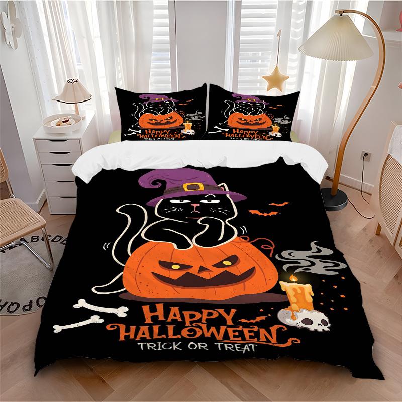 3pcs Trick or Treat Cat & Pumpkin Halloween Bedding Set - Includes Quilt Cover and Pillowcases, Suitable for All Seasons, Machine Washable -