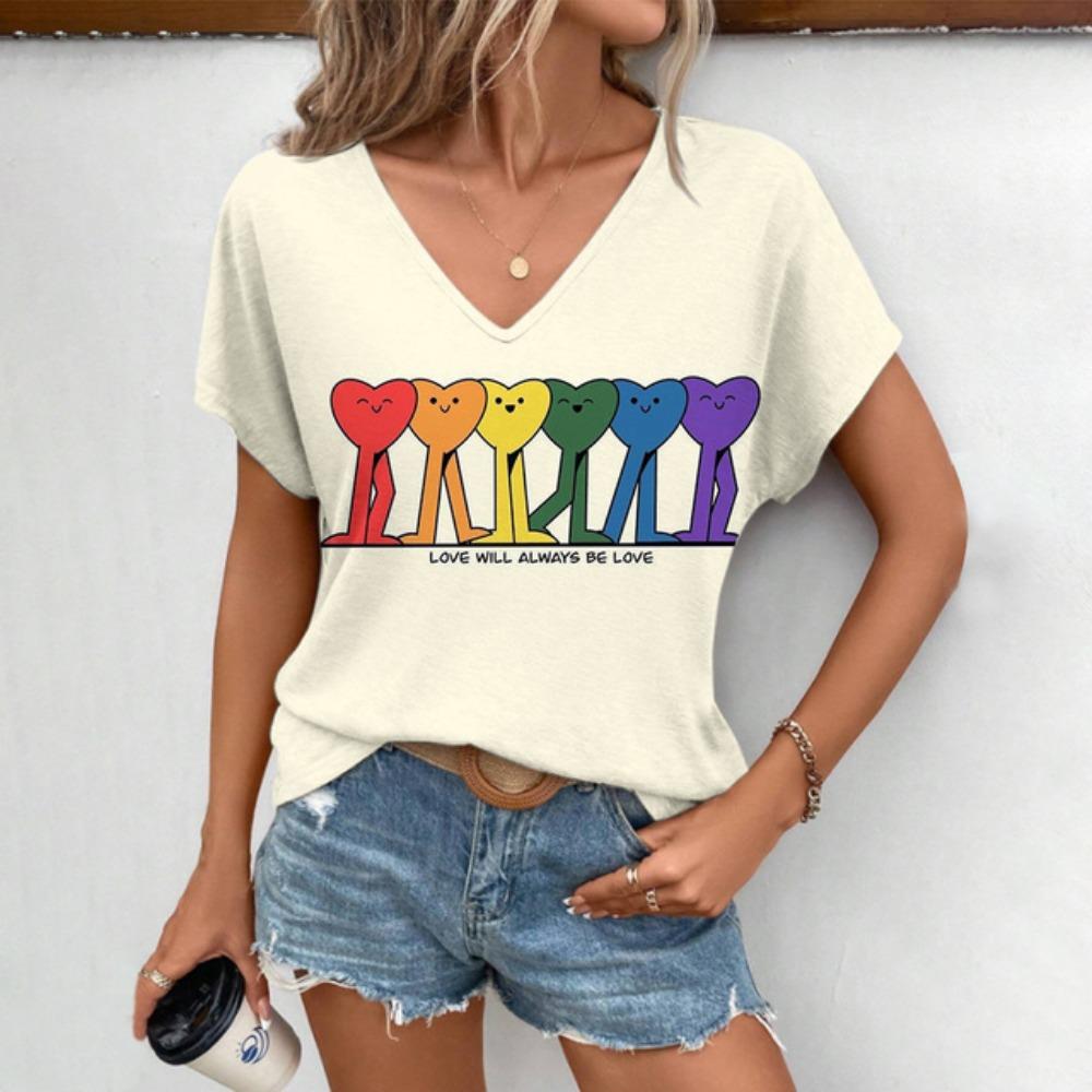 Fashion Heart-shaped Pattern Print T-shirt Leisure Elegant  V-neck T-shirt Women's Daily Comfortable Short Sleeved T-shirt