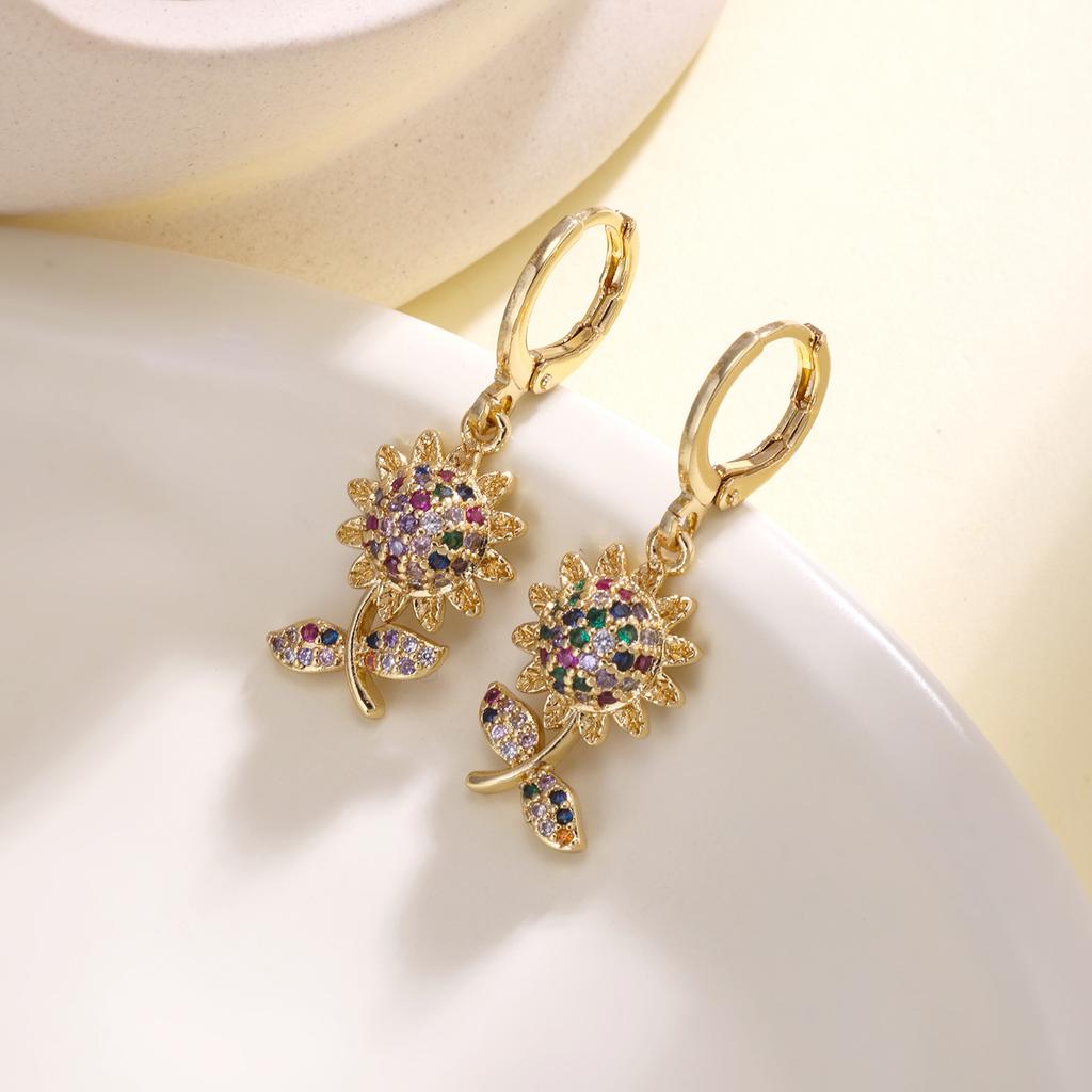 Nidin Multicolor Zircon Flower Hoop Earrings For Women Elegant Pearl Sunflower Dangle Ear Buckle Bridal Wedding Jewelry Gifts