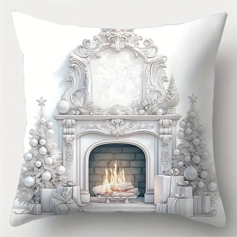 1pc White Christmas Cushion Cover Pine Print Washable Durable Cover 2025 New for Home Ornament Xmas New Year Christmas Decor