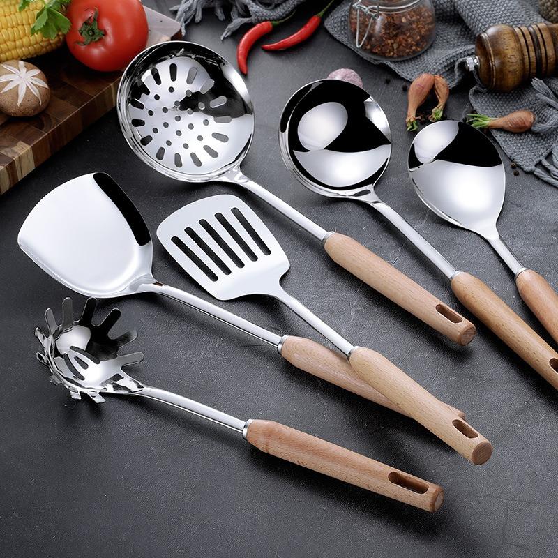 Wooden Handle Stainless Steel Kitchenware Cooking Spoons Spatulas Kitchenware Set Kitchen Cooking Spatula