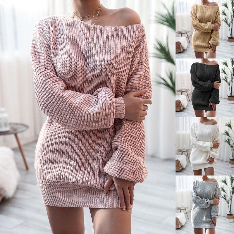

2024 One Collar Casual Loose Knitted Woolen Dress Light gray L