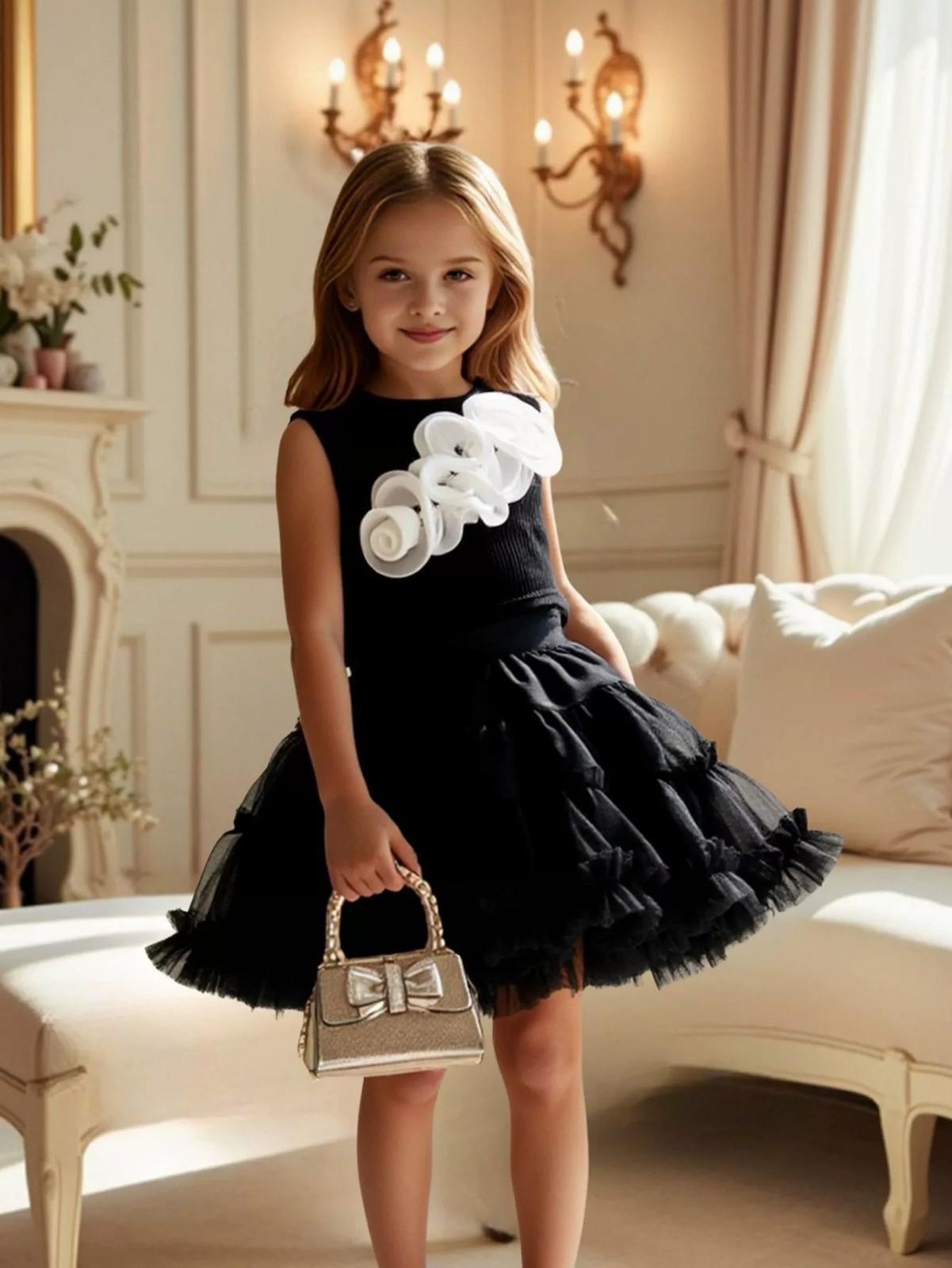 

Girls 3D Flower Top & Skirt Two-Piece Set 100 чёрный