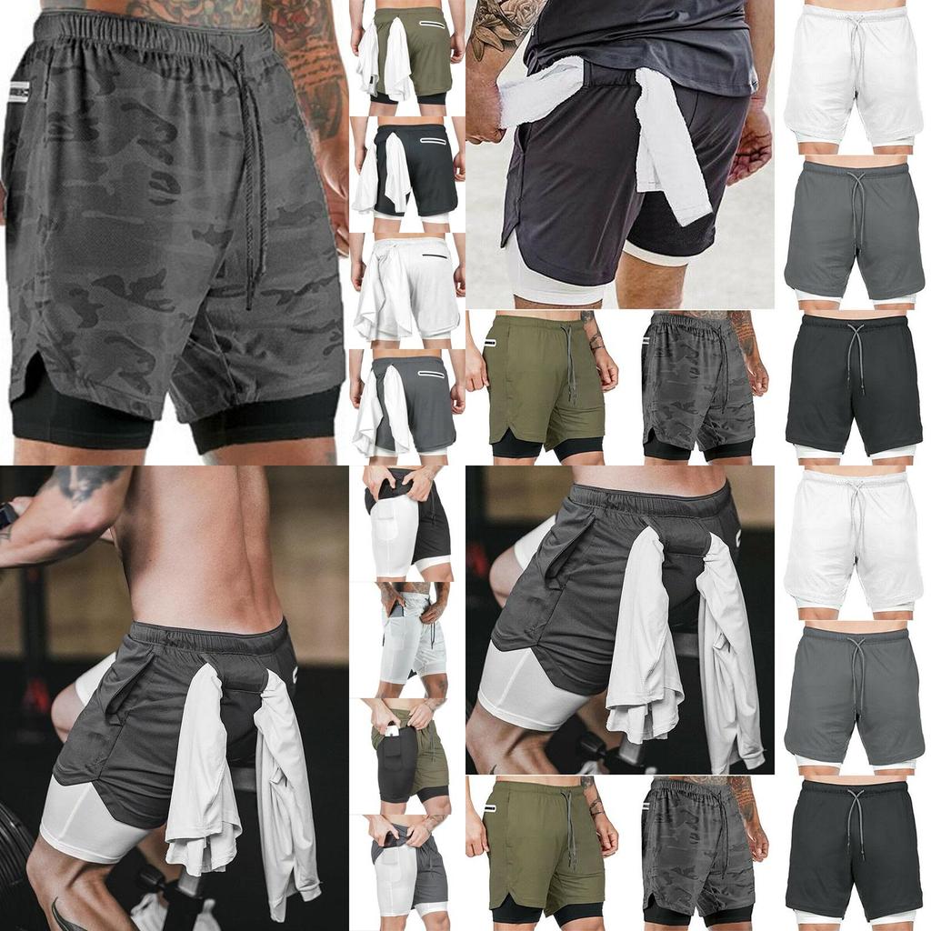 Men's Camo Running Double-deck Stretchy Quick Dry Gym Shorts With Secure Phone Bag