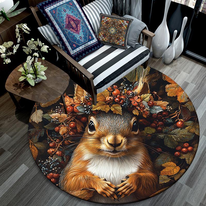 Herbst-Eichhörnchen Runder Teppich, Teppich für Wohnzimmer Schlafzimmer Sofa Spielzimmer Dekor, Rutschfeste Fußmatte