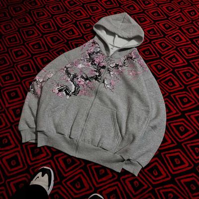 Unisex Szara Bluza z Kapturem i Zamkiem Błyskawicznym z Kwiatowym Wzorem Luźny Krój Sweter Dzianinowy Codzienny Dla Nastolatków i Dorosłych