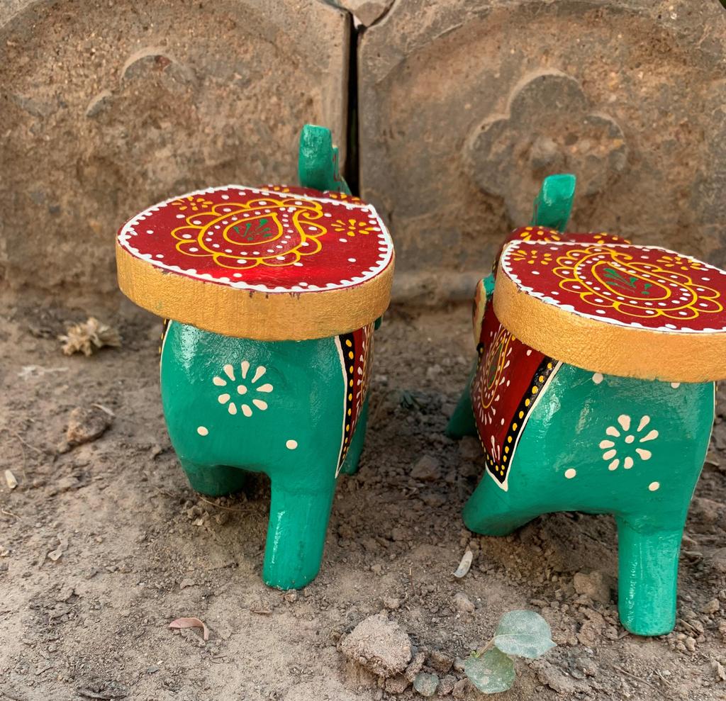 Hand Painted Wooden Elephant Stool Pair, Indian Folk Art Decorative Table
