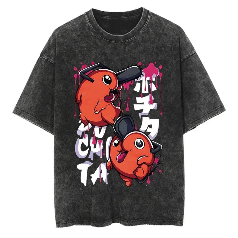 

Chainsaw Man Anime Vintage Printed Washed T-shirt Women Men Harajuku Oversize Streetwear Y2K Tops Short Sleeve Tee Unisex M