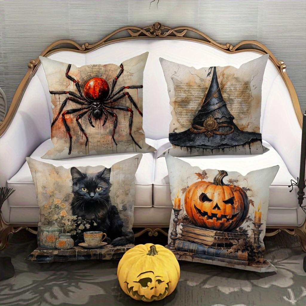 1pc Halloween Pillowcase Terrifying Decoration Black Cat Spider Terrifying Pumpkin Witch Hat Design