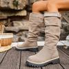 Women's Suede Western Cowboy Boots, Stacked Foldable Mid-Calf Riding Boots, Vintage Retro Biker Booties for Women