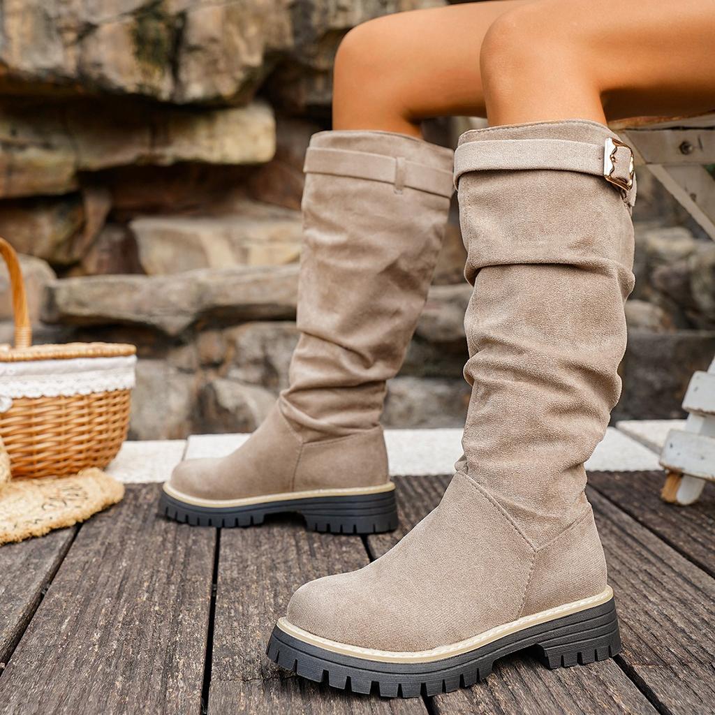 Women's Suede Western Cowboy Boots, Stacked Foldable Mid-Calf Riding Boots, Vintage Retro Biker Booties for Women