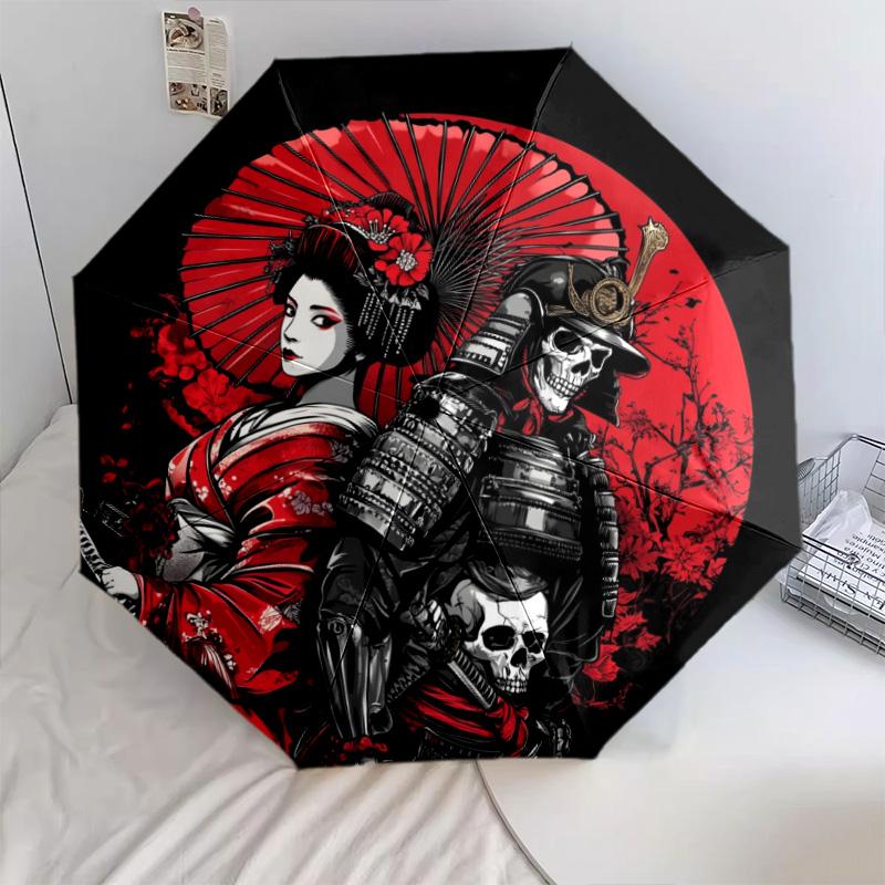 Beauty and Samurai  Pattern, Automatic Folding Umbrella, Portable and Foldable Design, 8 Ribs, a Christmas or Birthday Gift.