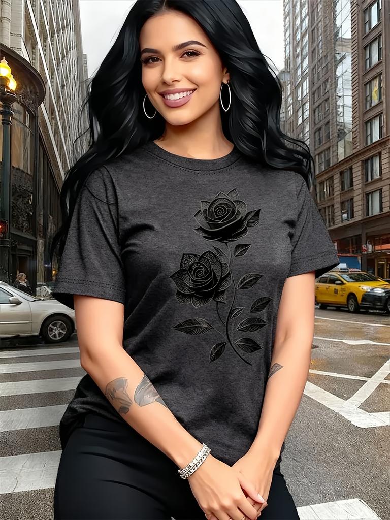 Casual T-Shirt Unique Rose Pattern Print TopRefinedRound Neck Style Breathable And Lightweight Perfect for Spring And Summer