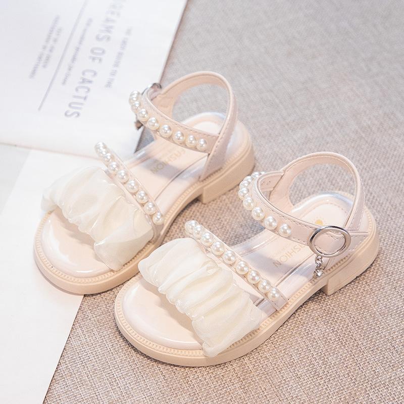 Girls Princess Sandals with Pearls Children Leather Sandals for Party Wedding Fashion Kids Performance Shoes Anti-Slippery