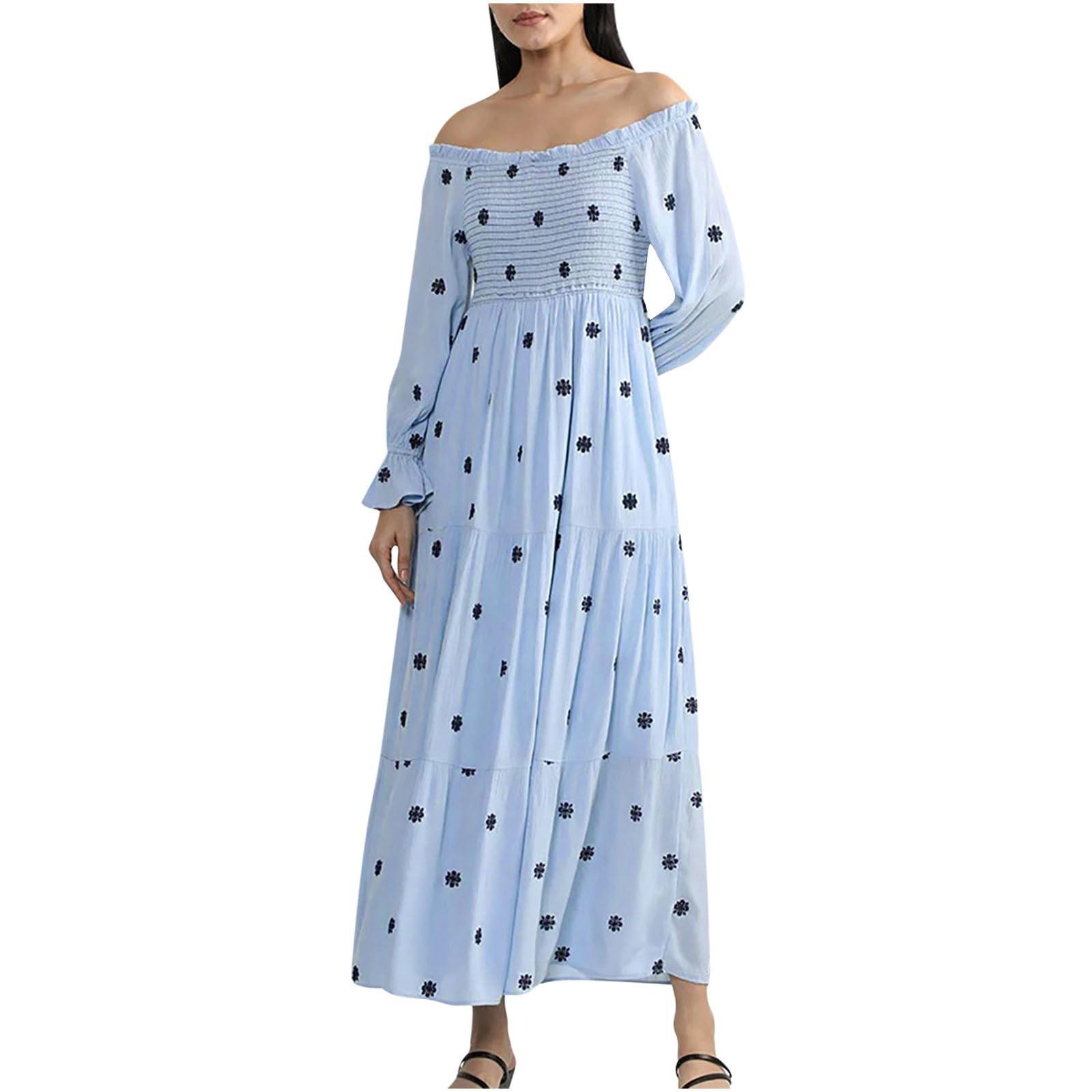 

Женское платье в стиле бохо, повседневное свободное платье макси с короткими рукавами и нагрудником S небесно-голубой