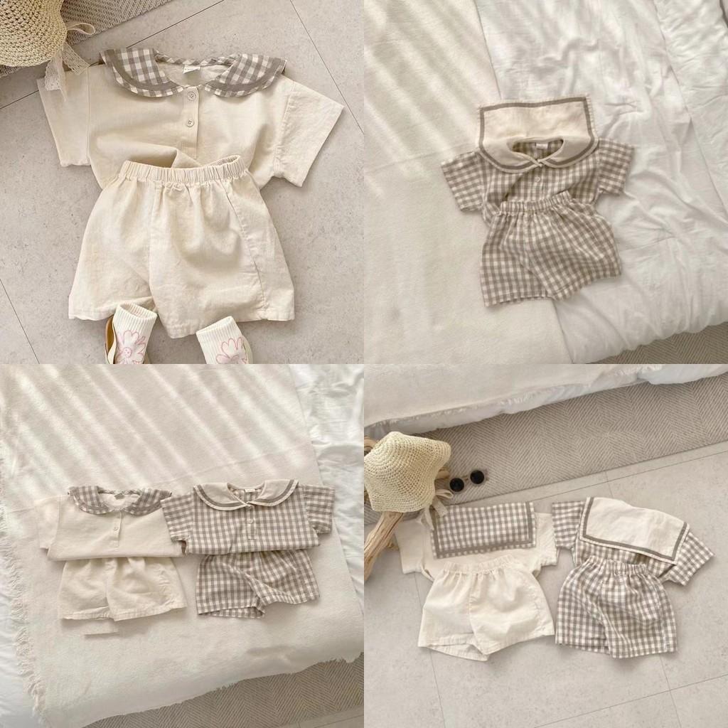 Adorable tenue d'été à carreaux en coton style coréen à manches courtes pour bébés garçons et filles