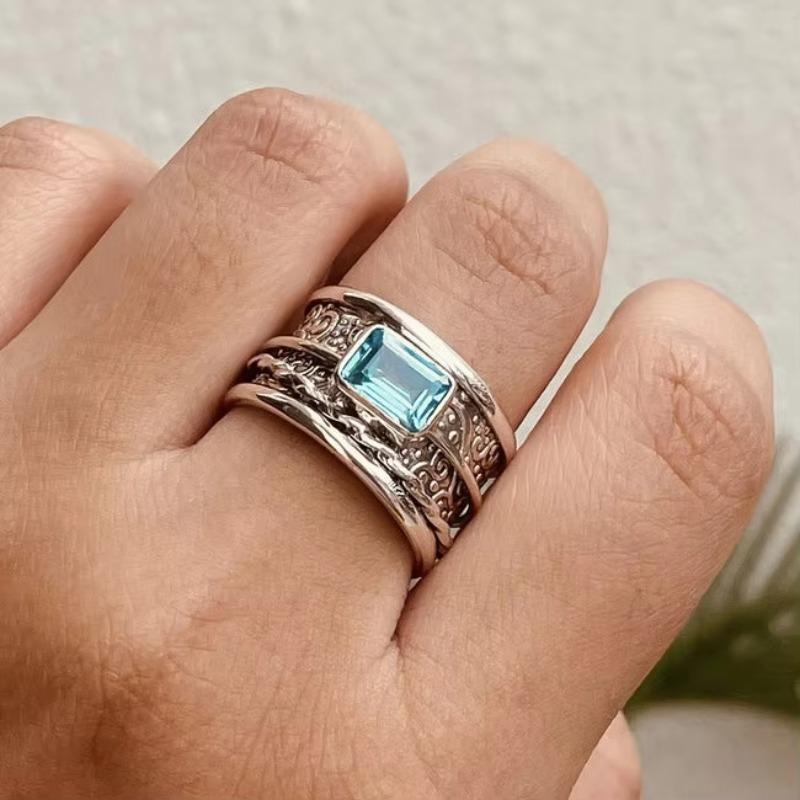 

Cross border new TEMU inlaid aquamarine ring European and American jewelry with all the runway hand jewelry 7&Silver Plated синий